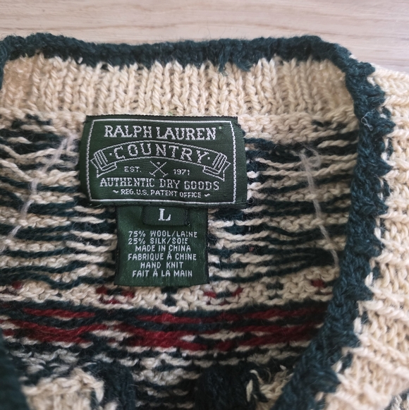 RARE VTG 90s Ralph Lauren Country Cropped Wool Nordic Sweater Large Green Cream - Picture 4 of 11
